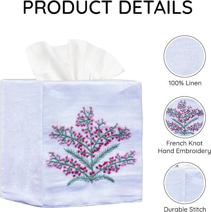 EmbroideryLinen.VN Tissue Box Cover Set of 2, Square Linen Tissue Holder, French Knot Hand Embroidered Floral Design, 4.5x4.5x5.5 Inches, Decorative Holder for Bathroom, Living Room, Office (White)