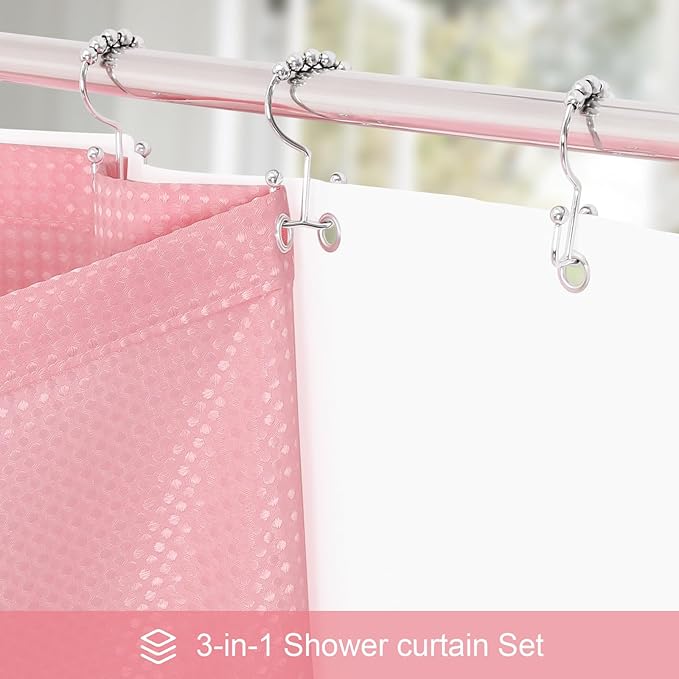 Craidlela 3 in 1 Shower Curtain Set, Pink Waffle Shower Curtain and PEVA Liner Set with 12 Stainless Steel Shower Curtain Hooks, Waterproof Fabric Shower Curtains for Bathroom, 72 W x 72 H