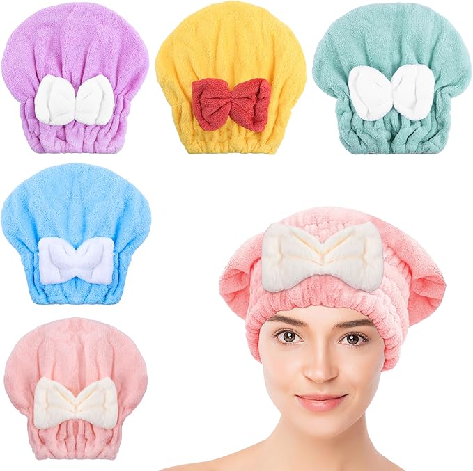 Kldnkig Microfiber Hair Drying Caps, 5-Pack Extra Soft and Ultra Absorbent Fast-Drying Hair Turban Wraps, Shower Caps for Girls and Women with Cute Bowtie Design（11" L x 10" W）