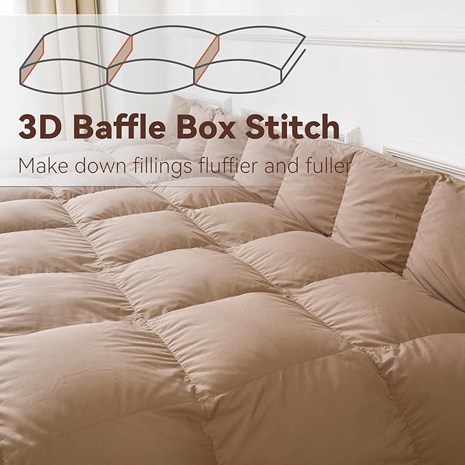 SNOWMAN Premium Down Comforter Queen Size, Luxurious All Season Duvet Insert with Cotton Blended Fabric, 3D Baffle Box Design Hotel Bedding Comforter (Khaki,90"x90")