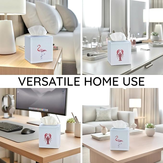 EmbroideryLinen.VN Tissue Box Cover Set of 2, Square Cotton Tissue Holder, Printed Animal Pattern, 4.5x4.5x5.5 Inches, Decorative Holder for Bathroom, Living Room, Office (Lobster & Flamingo)