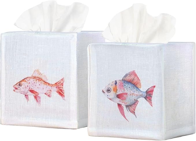 EmbroideryLinen.VN Tissue Box Cover Set of 2, Square Linen Tissue Holder, Printed Animal Pattern, 4.5x4.5x5.5 Inches, Decorative Holder for Bathroom, Living Room, Office (Fish)