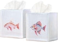 EmbroideryLinen.VN Tissue Box Cover Set of 2, Square Linen Tissue Holder, Printed Animal Pattern, 4.5x4.5x5.5 Inches, Decorative Holder for Bathroom, Living Room, Office (Fish)