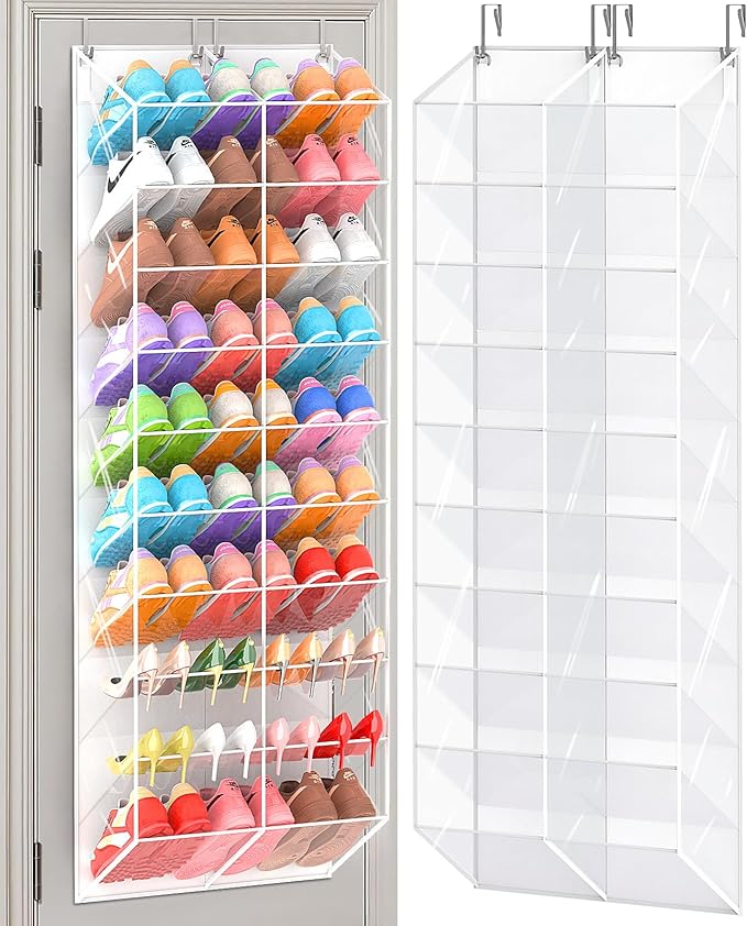 30 Pairs Over the Door Shoe Organizer, Transparent PVC Hanging Shoe Rack for Closet, 10-Tier Door Shoes Storage, Crystal-Clear Visibility Fit All the Family's Sneakers, Boots, Heels, White Frame