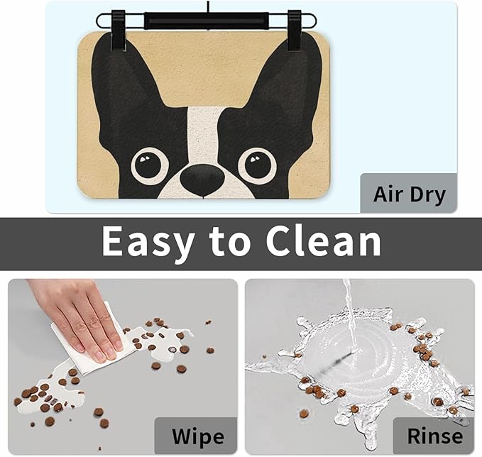 Boston Terrier Dog Food Mat for Floors Waterproof,Quick Dry Anti-Slip Dog Bowl Mats for Food and Water,Pet Feeding Mats,Pet Placemat for Messy Drinkers to Protect Floors,Pets Supplies 17.72×11.81in