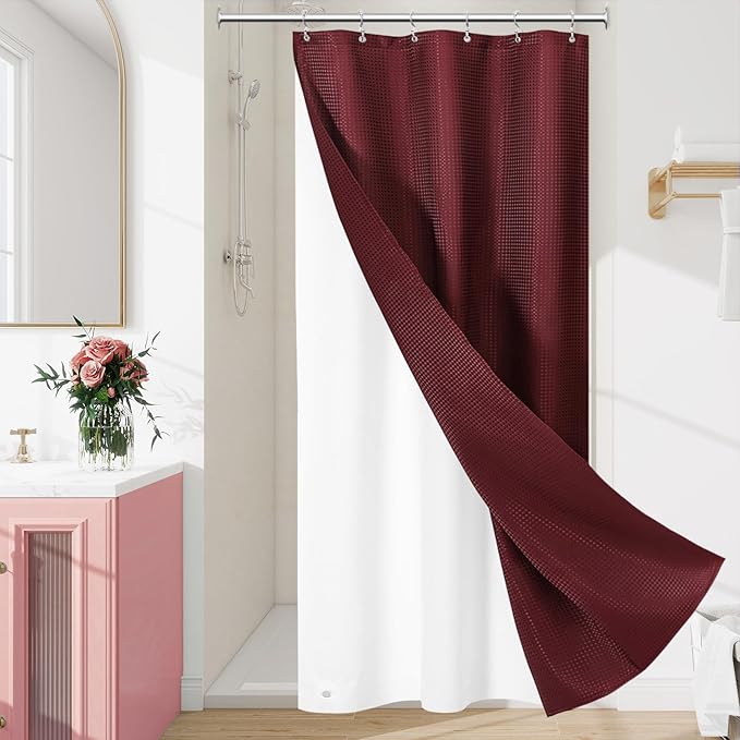Craidlela 3 in 1 Stall Half Size Burgundy Shower Curtain Set-36 W x 72 H, Modern Waffle Waterproof Fabric and PEVA Liner Set with Stainless Steel Hooks
