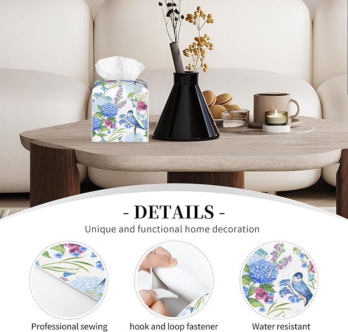 POIUBLE Leather Tissue Box Holder Bird with Blue Hydrangea Tissue Box Cover Square Waterproof Tissue Holder Organizer Modern Napkin Holder for Bedroom Dresser Night Stand Office Desk