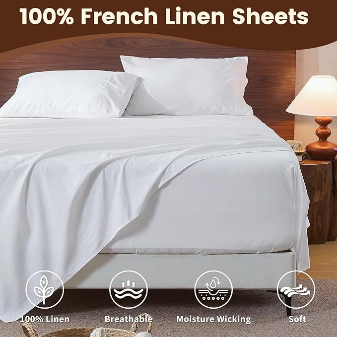 100% Linen Sheet Set Cal King Size Extra Deep Pocket Fits 18-24 Inch Mattress, Breathable & Soft, Smooth 4-Piece Set for Thick Mattresses Hotel Luxury Bedding（Cal King, White）