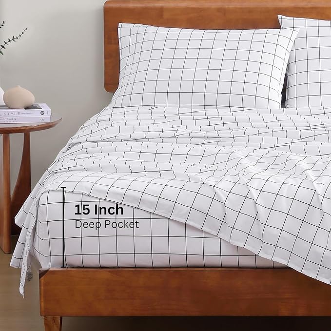 LANE LINEN 100% Organic Cotton Twin XL Bed Sheets, Sustainably Produced Okeo Tex Certified Cotton Sheets, Luxury Hotel Percale Soft & Comfy Comes in Variety of Prints & Colors - Windowpane