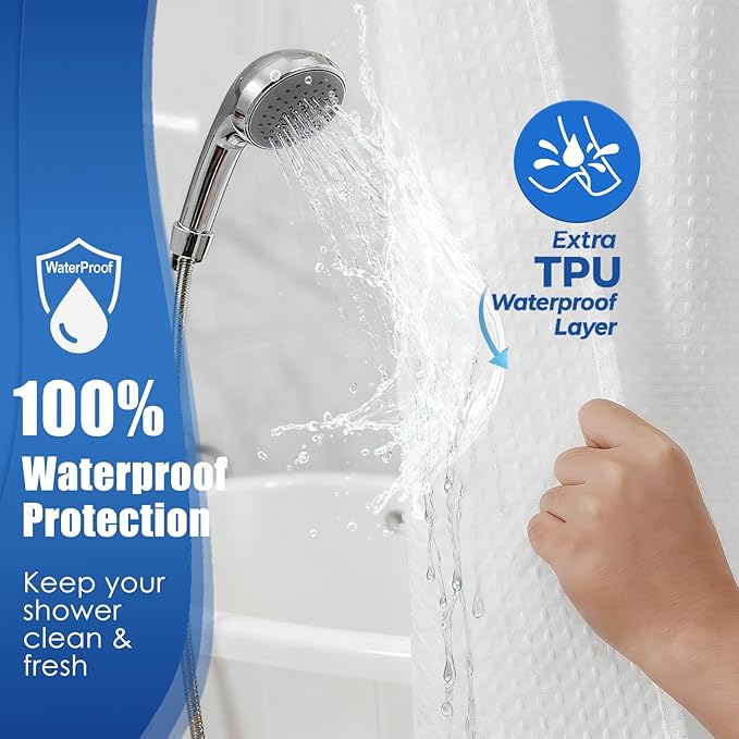 Zemyovia White Waterproof No Hooks Waffle Shower Curtain, 260GSM Heavy Duty Fabric, with 10 Durable Split Grommets, Luxury Hotel Spa Style for Bathroom, Machine Washable, 74 x 72 Standard Size