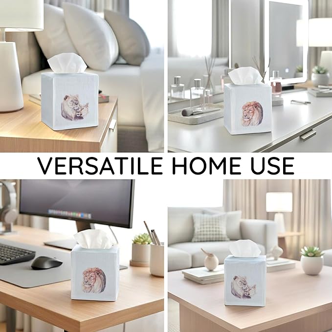 EmbroideryLinen.VN Tissue Box Cover Set of 2, Square Linen Tissue Holder, Printed Animal Pattern, 4.5x4.5x5.5 Inches, Decorative Holder for Bathroom, Living Room, Office (Lion)