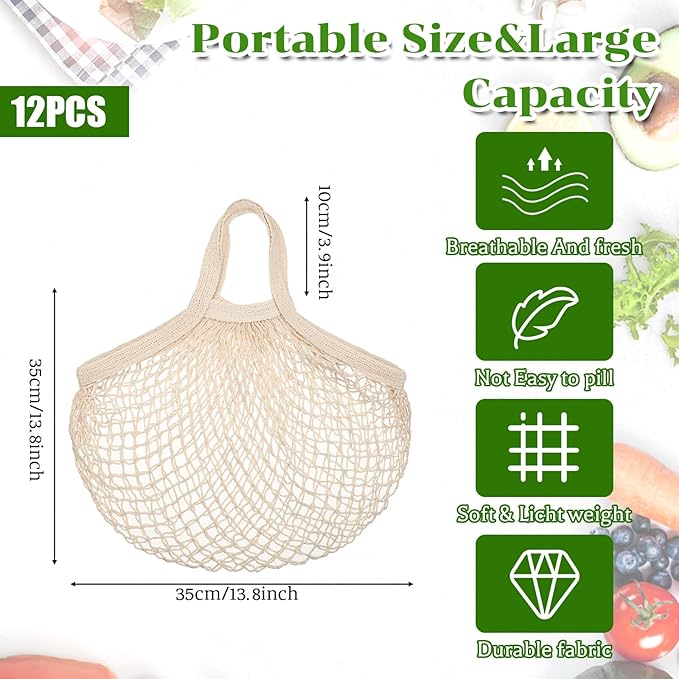 SHENLIU 12 Pack Cotton Mesh Grocery Bags Bulk, Portable Reusable Market Produce Container Washable Net Mesh Reusable Shopping Tote Bag with Handle for Vegetable Fruit Picnic