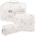 Makeup Bag Set, Quilted Makeup Bag, Large Floral Cosmetic Bag for Women, Cute Cotton Makeup Bags, Flower Travel Toiletry Organizer Bag (Rose Plaid Pattern)