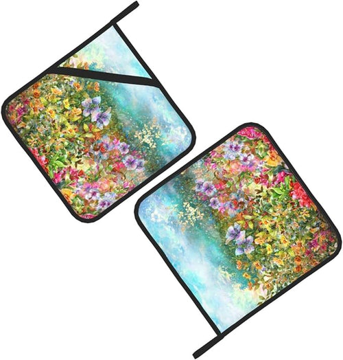 2PCS Fancy Flowers Pot Holders Set for Kitchen, Printed Colorful Potholders with Great Heat Resistance, Hot Pads, Trivets for Cooking and Baking 8x8