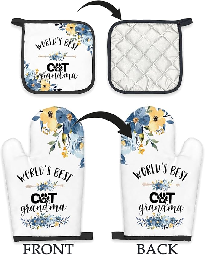 Cat Grandma Gifts Oven Mitts and Pot Holders Sets, Gifts for Cat Grandma, CatLovers Kitchen Decor Accessories Sets, World’s Best CatGrandma Heat Resistant Oven Glove Potholders for Kitchen