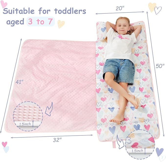 Toddler Nap Mat with Pillow and Blanket, Extra Large Rolled Napping Mats,Toddler Sleeping Bag for Daycare,Kids Sleeping Bags for Sleepover,Toddler Sleeping Bag Camping