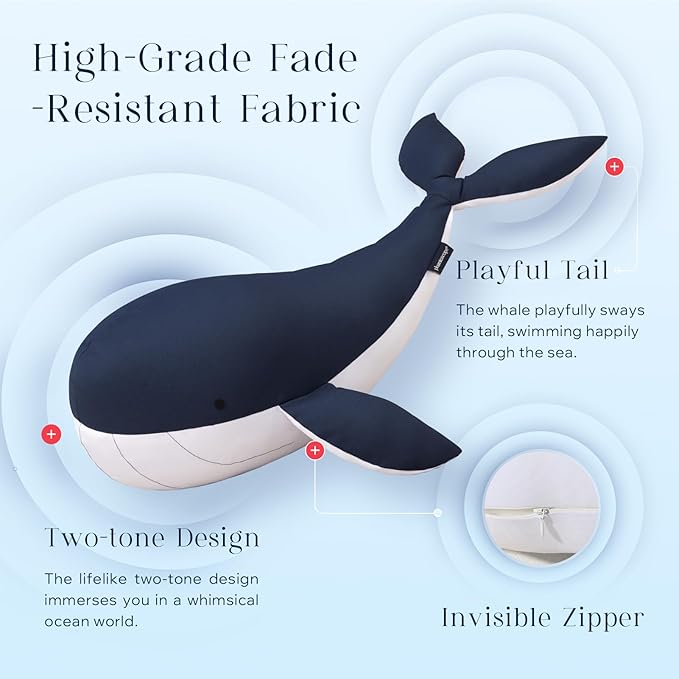 Phantoscope Outdoor Whale Shaped Throw Pillow, Decorative Waterproof Pillows for Outdoor Patio Furniture, Beach Cushion Pillows, Blue and White 29 x 8 Inches
