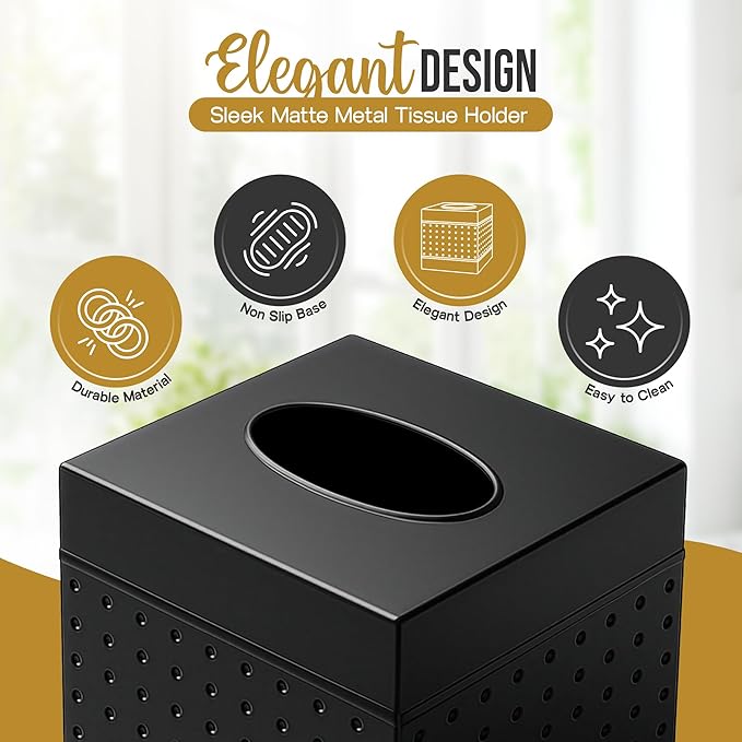 Handmade Metal Tissue Box Cover - 5x5x5.25 Inch - Square Matte Black Tissue Holder – Modern Tissue Cover Box Adds Sleek Style to Bathroom, Bedroom & Office Décor