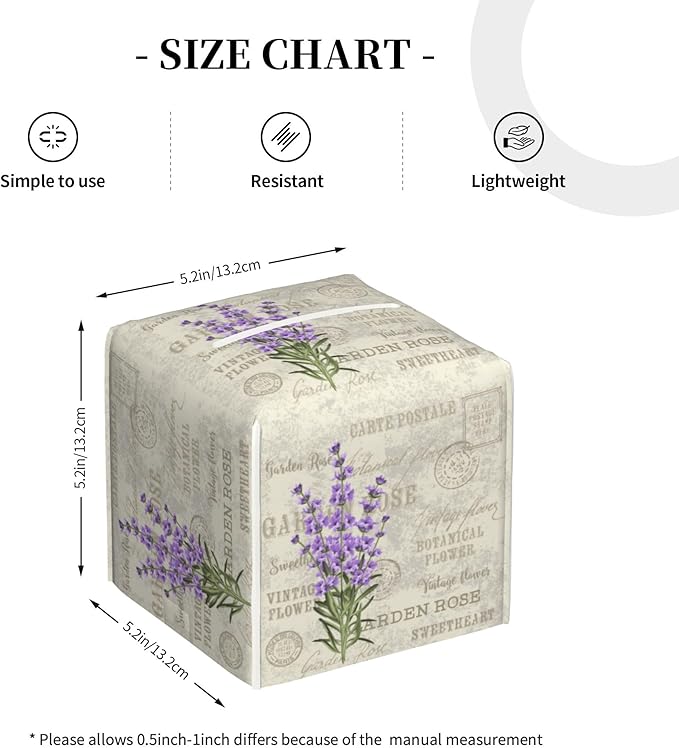 POIUBLE Leather Tissue Box Holder Lavender Flowers Tissue Box Cover Square Waterproof Tissue Holder Organizer Modern Napkin Holder for Bedroom Dresser Night Stand Office Desk