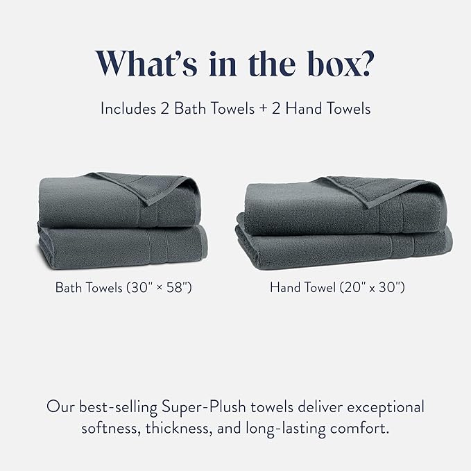 Brooklinen Super-Plush Bath Towel and Hand Towel Set - 2 Bath Towels, 2 Hand Towels - Cotton, Highly Absorbent (Slate)
