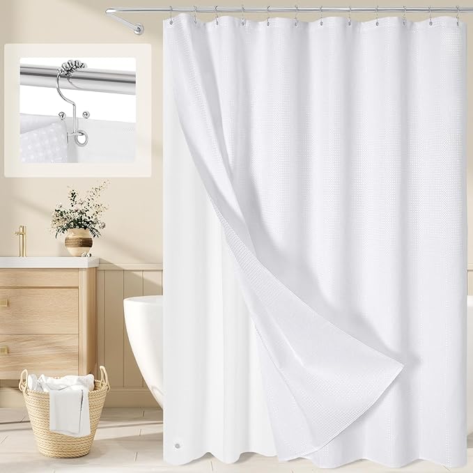 Craidlela 3 in 1 Extra Long Shower Curtain Set-72 W x 84 H, White Waffle and PEVA Liner Set with 12 Stainless Steel Hooks, Waterproof Fabric for Bathroom