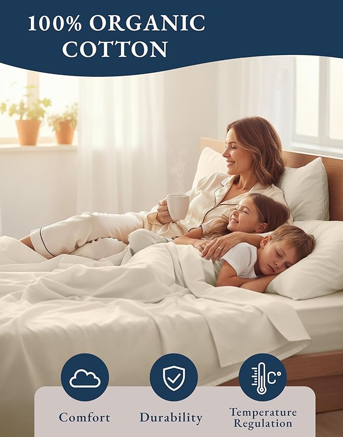 LANE LINEN 100% Organic Cotton Twin XL Sheets Set, 3-Piece Pure Organic Cotton Percale Sheets, Cotton Bedsheets, Ultra Soft Bedding Sheets, Breathable, Fits Mattress Upto 15" Deep - Natural