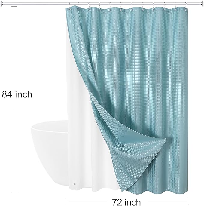 Craidlela 3 in 1 Extra Long Shower Curtain Set-72 W x 84 H, Teal Blue Waffle and PEVA Liner Set with 12 Stainless Steel Hooks, Waterproof Fabric for Bathroom