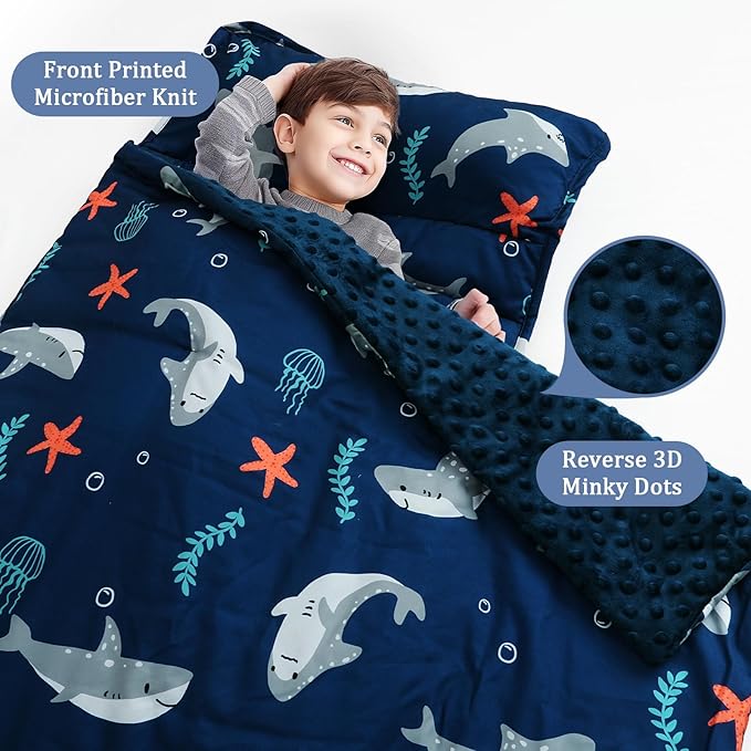 PHF Toddler Nap Mat with Removable Pillow and Minky Fleece Blanket, Rollup Design Warm Slumber Bags for Boys, 52"x20"x2" Kids Sleeping Bag for Daycare Preschool Travel Camping, Shark