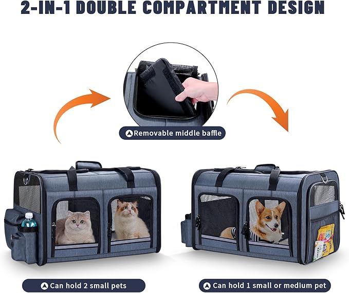 Groxkox Cat Carrier for 2 Cats, Foldable Double Cat and Dog Carrier, Small to Medium Size, 2 Front Zippered Compartments,Two Pets Carrier for Outdoor Travel,Mulitple Cat Carrier, Grey
