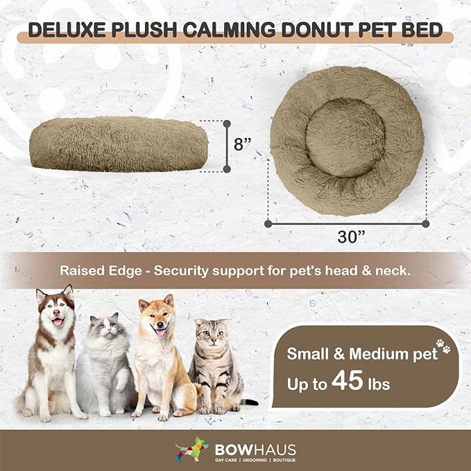 BOWHAUS 24/30 Inch Calming Donut Pet Bed for Small/Medium Cats and Dogs, Anti-Slip Bottom, Washable, Anti-Anxiety Fluffy Round Cat Bed, Indoor Shaggy Cuddler Cotton Candy Brown, Light Gray, Pink Bed