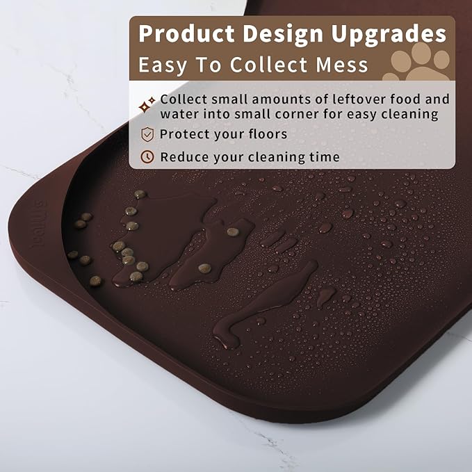 Smilool Silicone Pet Food Mat with Raised Edge for Food and Water Bowl, Dog Feeding Mats, Cat Food Trays for Floor Waterproof, Rubber Tray for Dogs and Cats, 24 x 16 x 0.8 Dark Brown