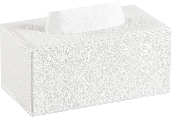 JLAMBOM Rectangle Tissue Box Cover for 120 to 160 Count Box of Tissues, PU Leather Tissue Holder with Magnetic Closure (White)
