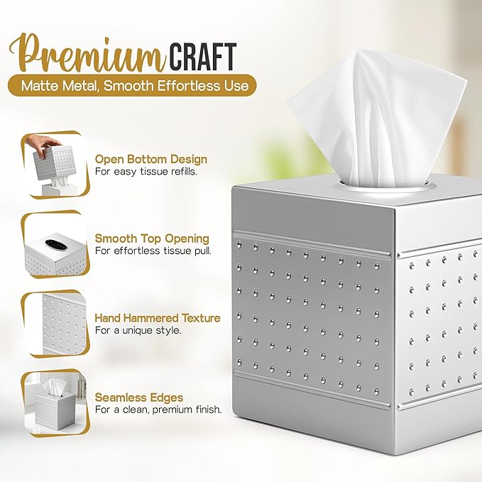 Handmade Metal Tissue Box Cover Square – 5x5x5.25 Inch - Elegant Pewter Tissue Holder – Modern Tissue Cover Box Adds Sleek Style to Bathroom, Bedroom & Office Décor