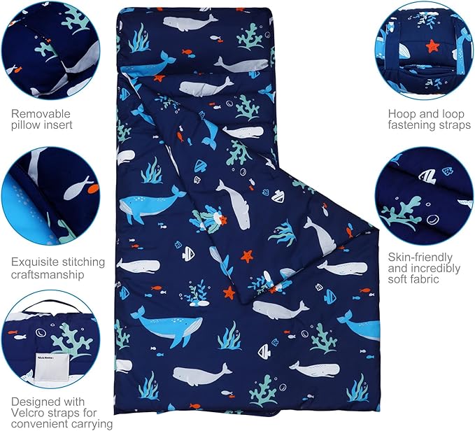david's kids Toddler Nap Mat Set with Removable Pillow, Ultra Soft Slumber Bags for Boys，Perfect for Preschool, Daycare, Kids Sleeping Bags with Rollup Design, 50"x20", Ocean Animals Dark Blue
