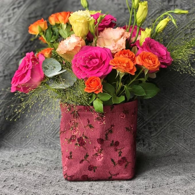 Fabric Tissue Box Cover Square, Vintage Floral Print Corduroy Tissue Holder, Bouquet Wrapping Bag 4.4"X4.4"X5.1", Burgundy