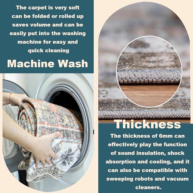 Washable Area Rug 3'x5' Vintage Traditional Floor Cover Foldable Thin Rugs Retro Kitchen Indoor Distressed Non Slip Carpet Floral Print Mat Bedroom Living Room