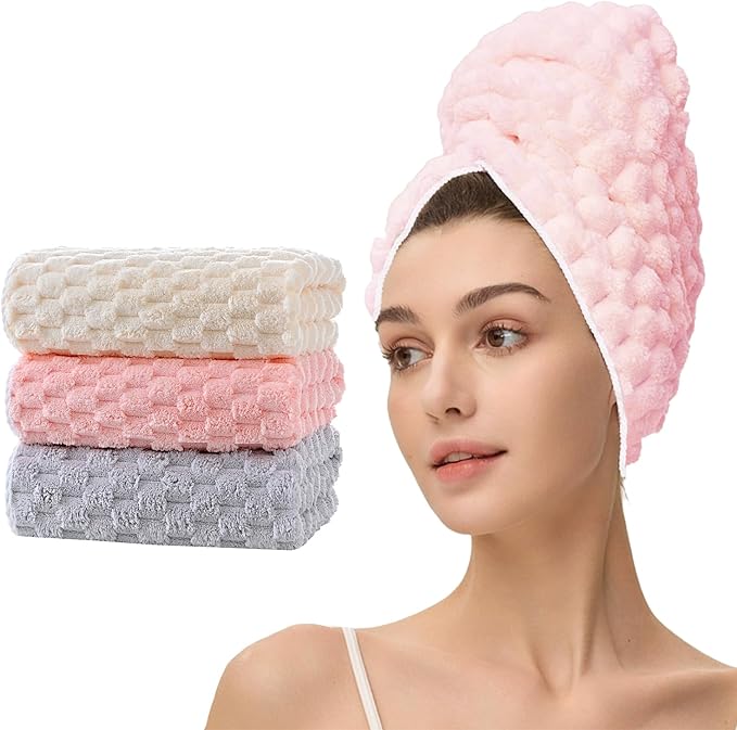 3 Pack Large Microfiber Hair Towels for Women , Super Absorbent Quick Dry Hair Wraps, 41x23 Inches with Elastic Strap, Anti-Frizz Hair Turban for Curly, Long , Thick Hair (Pink + White + Gray)