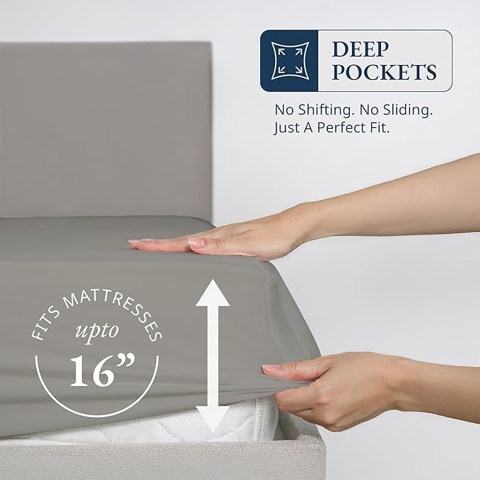 Lane Linen 100% Egyptian Cotton Queen Size Fitted Sheet Only (61"x81" + 16") - Elegant Sateen Weave, Ultra Soft, Breathable, Highly Durable, Deep Pockets Upto 17" - Silver