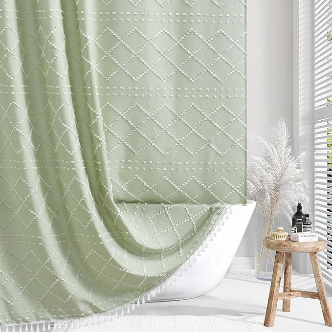 Siiluminisoy Boho Green Shower Curtain Woven Fabric Cute Shower Curtain with Tassel, 72 x 72 Tufted Chevron Textured Striped Modern Farmhouse Minimalist Cloth Shower Curtain for Bathroom