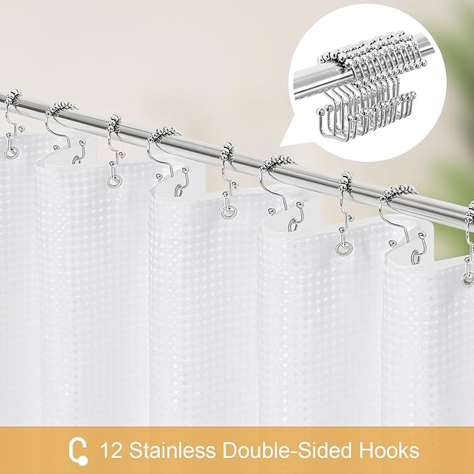 Craidlela 3 in 1 Stall Half Size Shower Curtain Set-36W x 72 H, White Waffle Waterproof Fabric and PEVA Liner Set with Stainless Steel Hooks
