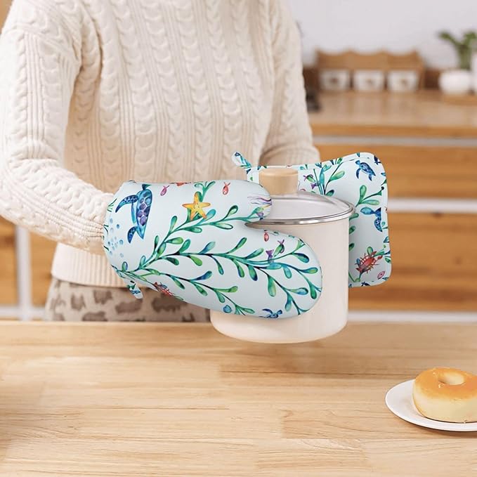 Silicone Oven Mitts and Pot Holders Sets, Home Ocean Turtle Jellyfish Seaweed Heat Resistant BBQ Gloves for Kitchen Baking Cooking Grilling Microwave