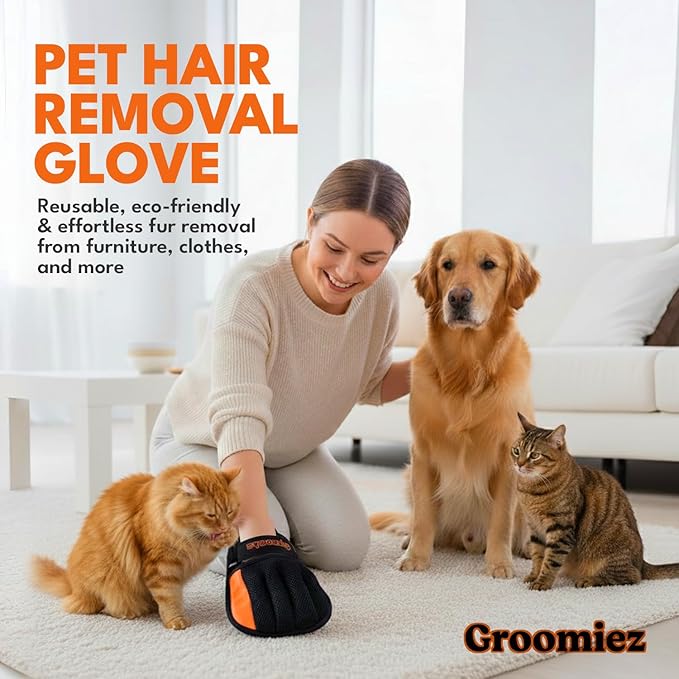 Groomiez 2 PCS Pet Hair Removal Gloves Set with Storage Bag – Electrostatic Dog & Cat Fur Remover Mitt for Furniture, Couch, Clothes & Car – Reusable & Washable Hair Cleaning Gloves