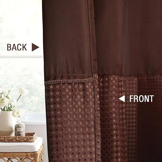 Gibelle Waffle Weave Shower Curtain with Mesh Top Window and Hooks Set, Spa Like Hotel Style Fabric Shower Curtain for Bathroom, Brown, 72x72