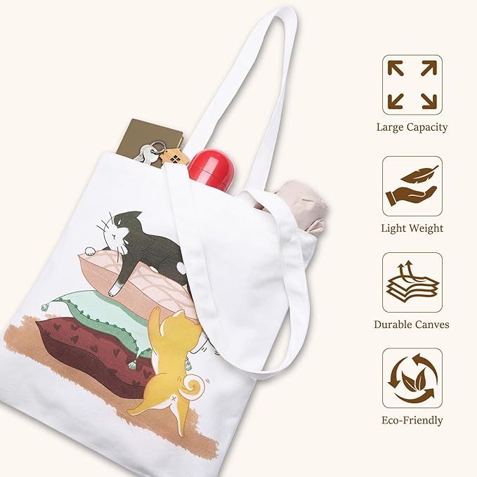GICDSU Black Cat Cotton Canvas Tote Bag with Zipper, Reusable Grocery Bags, Beach Foldable Tote Bag for Women, Funny Totebag with Inner Pocket for Shopping Travel Gym Work