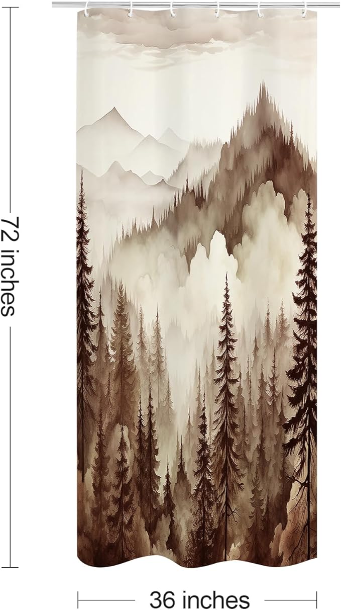 Litabel Brown Small Stall Misty Pine Forest Shower Curtain 36 x 72, Tan Mountain Foggy Woodland Scenery Tree Narrow Half Size Shower Curtains for Bathroom, Abstract Waterproof Nature-Themed Decor