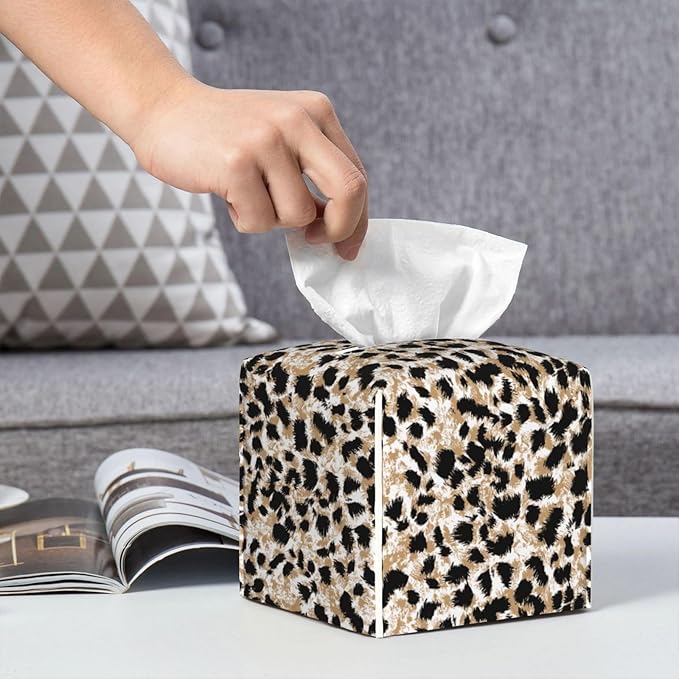 PVC Tissue Box Cover Holder,Leopard Square Decorative Organizer,5.2"X5.2"X5.2" Tissue Case for Bathroom, Tabletop, Car, Office