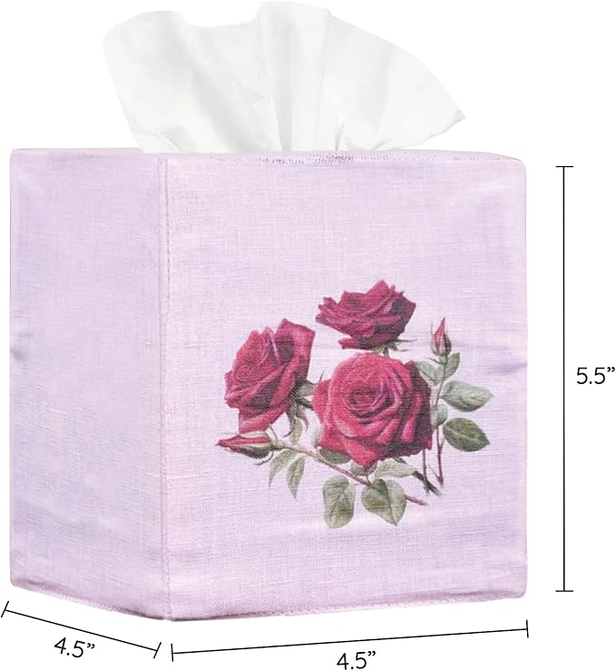 EmbroideryLinen.VN Tissue Box Cover Set of 2, Square Linen Tissue Holder, Printed Floral Design, 4.5x4.5x5.5 Inches, Decorative Holder for Bathroom, Living Room, Office (Rose)