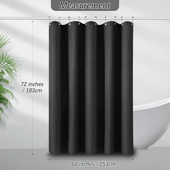 PANGSINNE Black Fabric Shower Curtain for Bathroom Stall, 60 inch Waffle Weave Machine Washable Waterproof 256GSM Heavy Duty Weighted Bath Curtain Set with 10 Metal Hooks, 60Wx72H