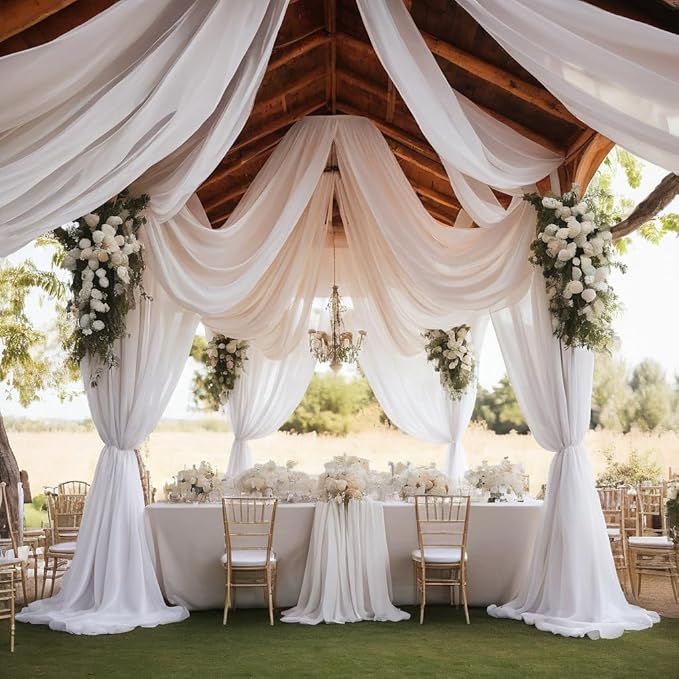 Barcelonetta | Chiffon Fabric | Decoration, Drapery Fabric | Wedding, Gender Reveal, Baby Shower, Birthday | for Arbor, Arch, Canopy, Table and Chair Decoration (White, 10 Yards)