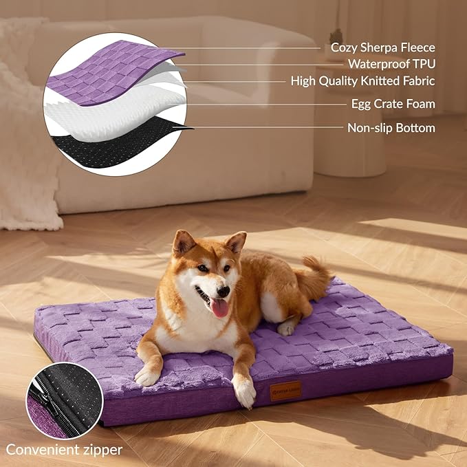 Patas Lague Orthopedic Jumbo Dog Bed for Extra Large Dogs 56''X40'', Waterproof Soft Warm Comfortable Egg Crate Foam Jumbo Pet Beds Mat with Removable Washable Cover and Nonskid Bottom, Pueple